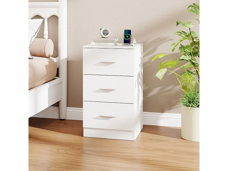 Nachttisch mit Ladestation moderner Nachtschrank mit 3 Aufbewahrungsschubladen 38 x 35 x 66 cm Weiß