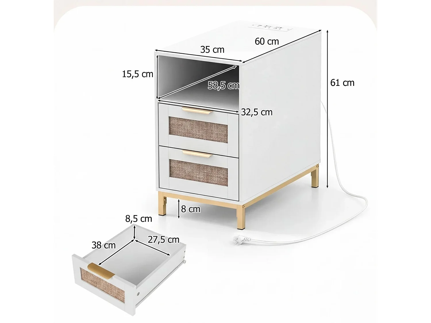 Beistelltisch mit Ladestation & 2 Schubladen Nachttisch aus Ratten & Holz Sofatisch Weiß