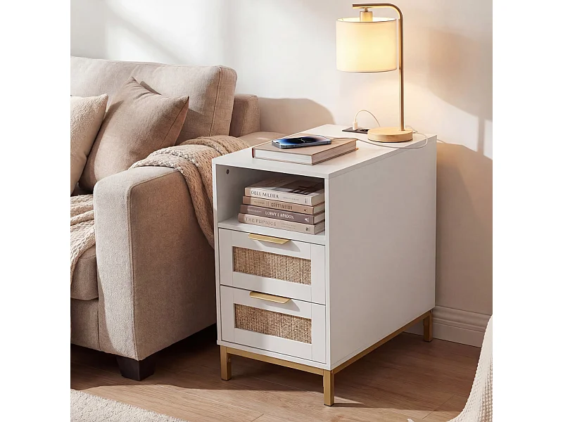 Beistelltisch mit Ladestation & 2 Schubladen Nachttisch aus Ratten & Holz Sofatisch Weiß