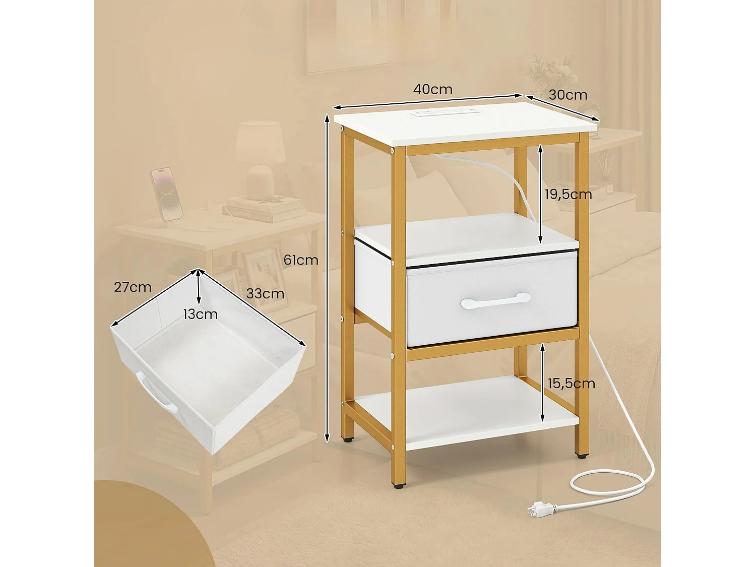 Nachttisch mit Ladestation Beistelltisch mit Stoffschublade & offenen Ablagefächern Weiß