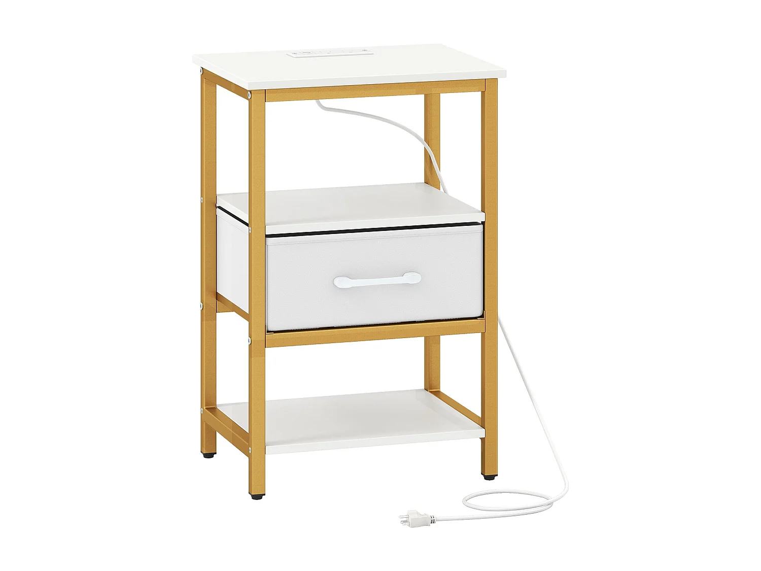 Nachttisch mit Ladestation Beistelltisch mit Stoffschublade & offenen Ablagefächern Weiß