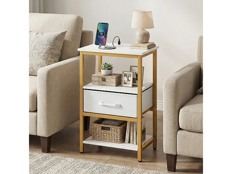 Nachttisch mit Ladestation Beistelltisch mit Stoffschublade & offenen Ablagefächern Weiß