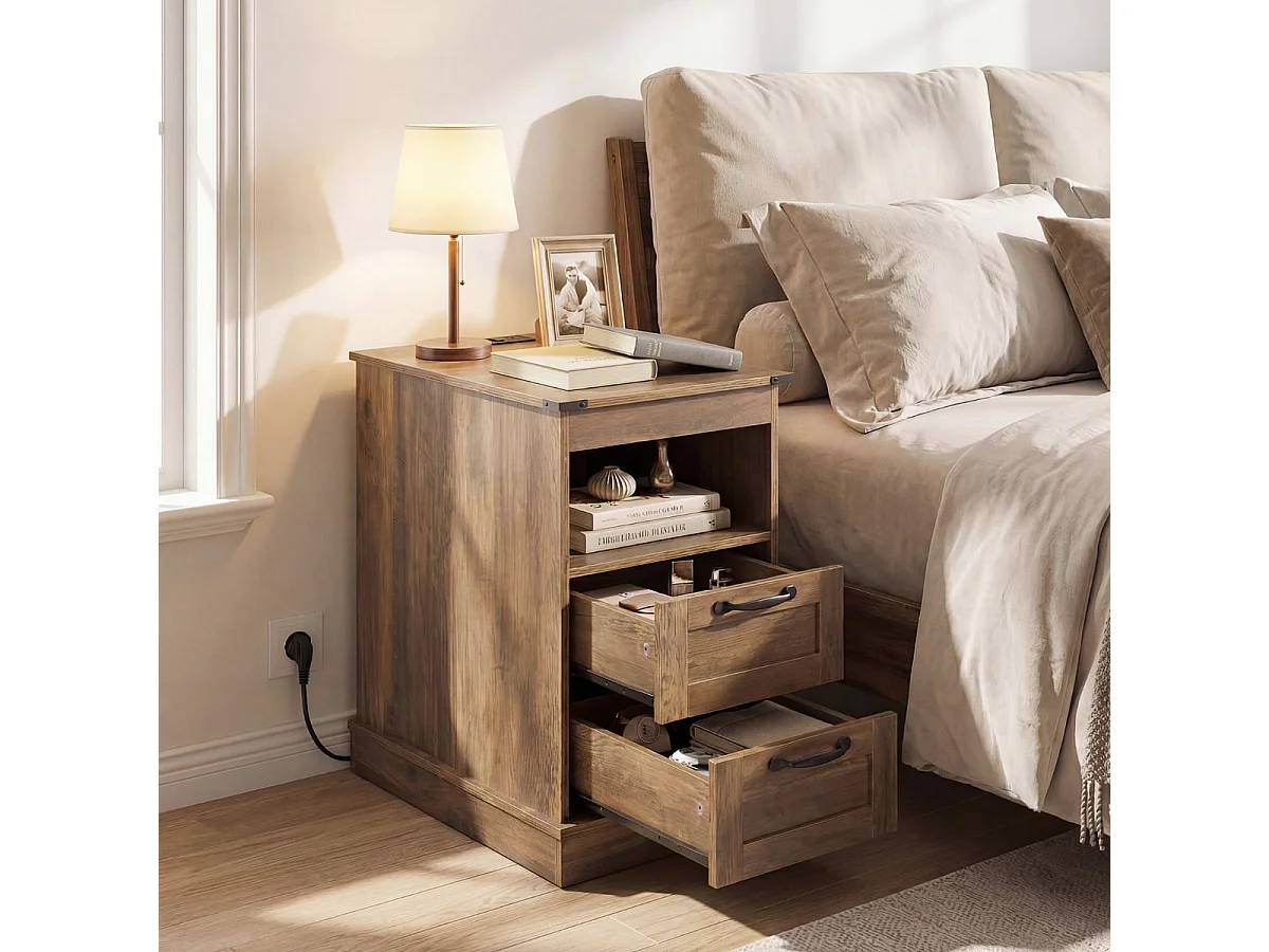 Tavolino con stazione di ricarica Tavolino stretto con vano a giorno e 2 cassetti Marrone