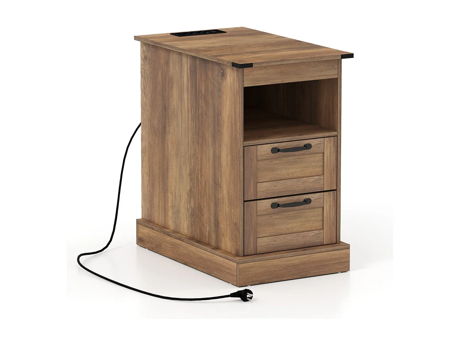 Tavolino con stazione di ricarica Tavolino stretto con vano a giorno e 2 cassetti Marrone