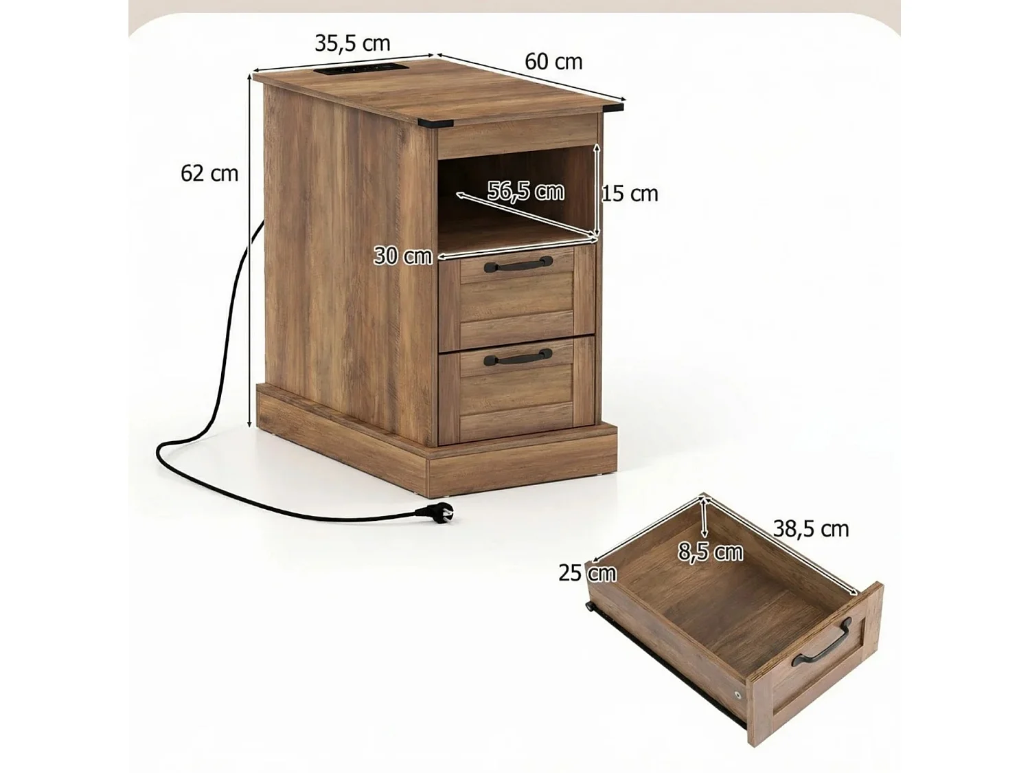 Table de Chevet avec Station de Charge table d'Appoint Étroite avec Étagère Ouverte et 2 Tiroirs Style Ferme pour Chambre Salon Marron