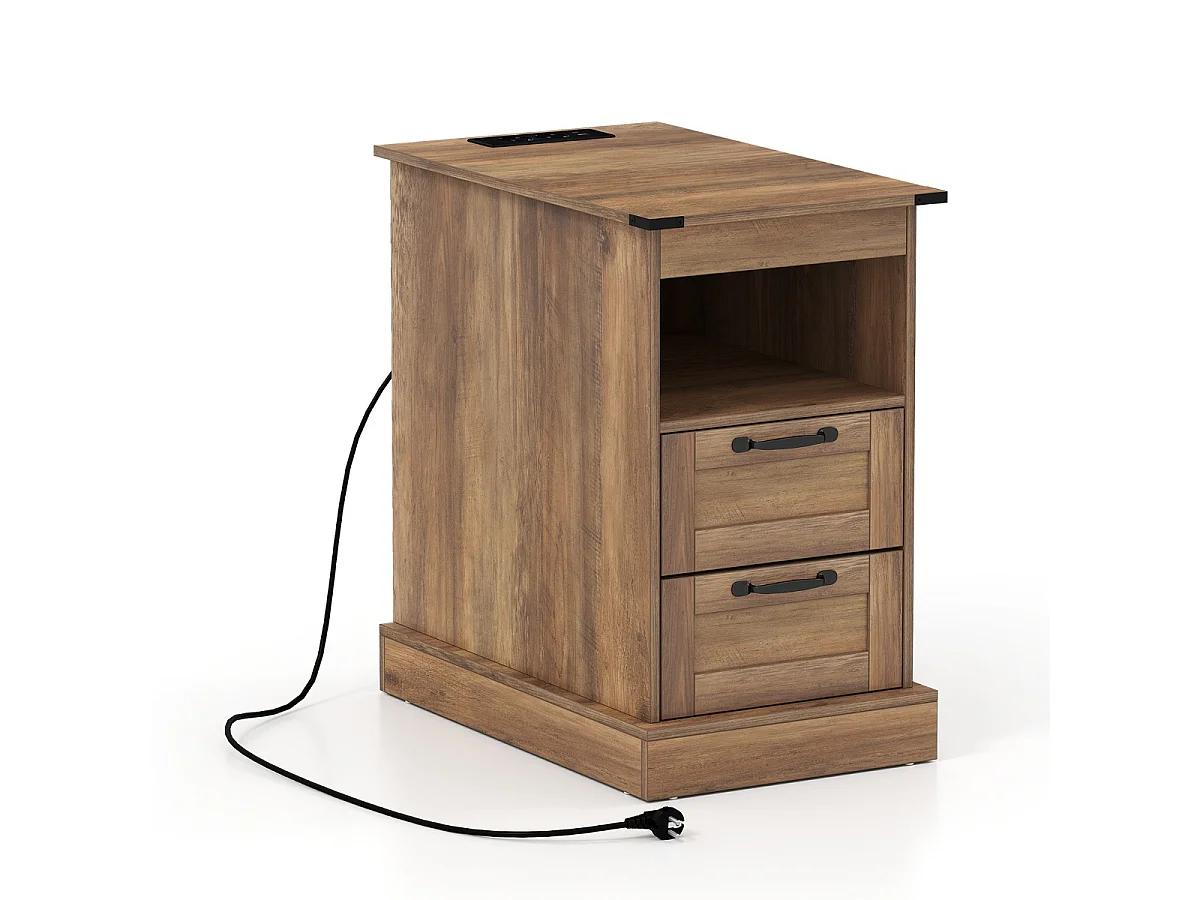Table de Chevet avec Station de Charge table d'Appoint Étroite avec Étagère Ouverte et 2 Tiroirs Style Ferme pour Chambre Salon Marron