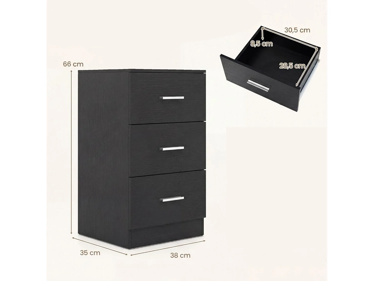 Nachttisch mit Ladestation moderner Nachtschrank mit 3 Aufbewahrungsschubladen Schwarz 38 x 35 x 66 cm