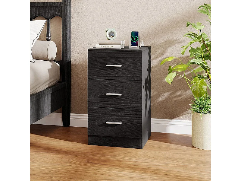 Nachttisch mit Ladestation moderner Nachtschrank mit 3 Aufbewahrungsschubladen Schwarz 38 x 35 x 66 cm