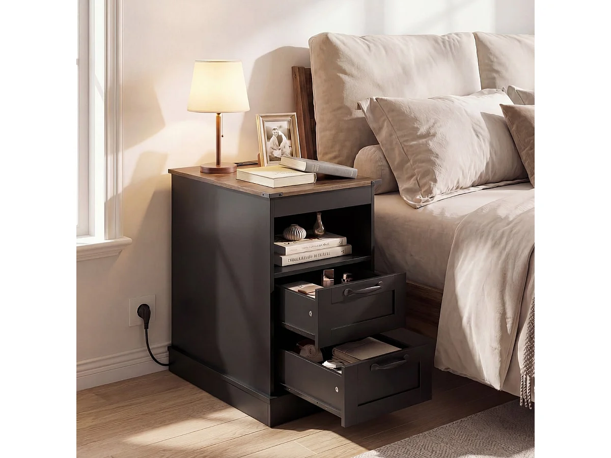 Nachttisch mit Ladestation schmaler Beistelltisch mit offenem Ablagefach & 2 Schubladen Schwarz