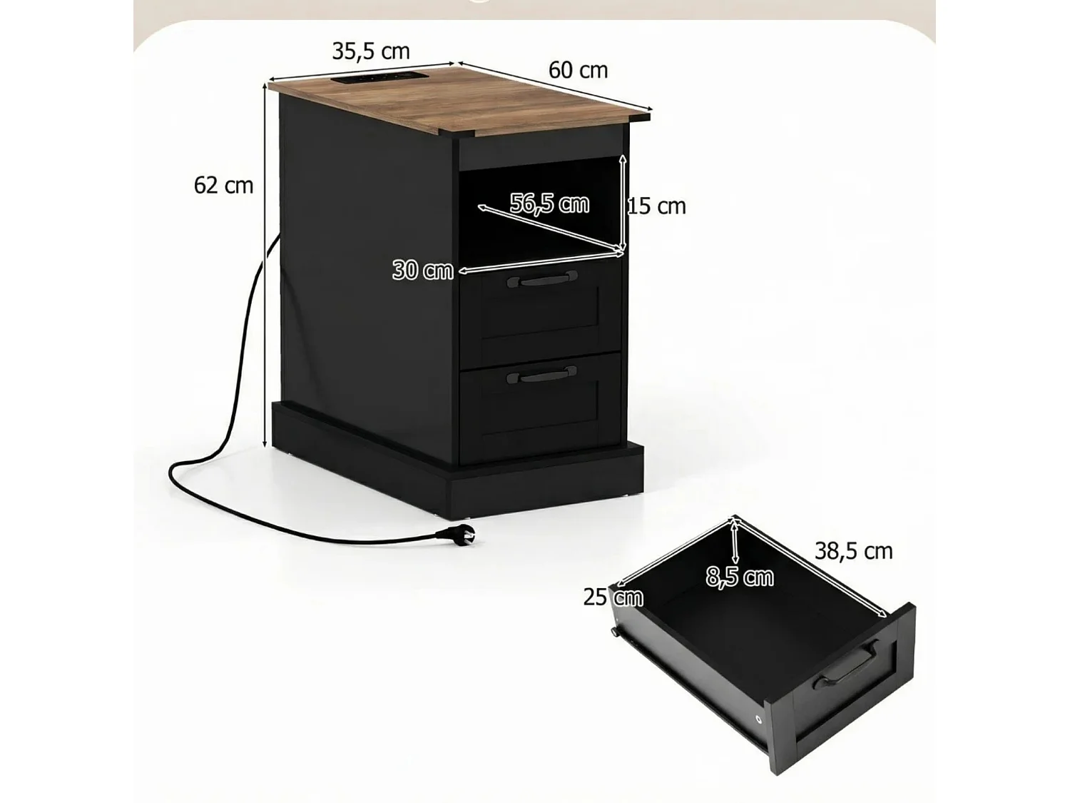 Nachttisch mit Ladestation schmaler Beistelltisch mit offenem Ablagefach & 2 Schubladen Schwarz