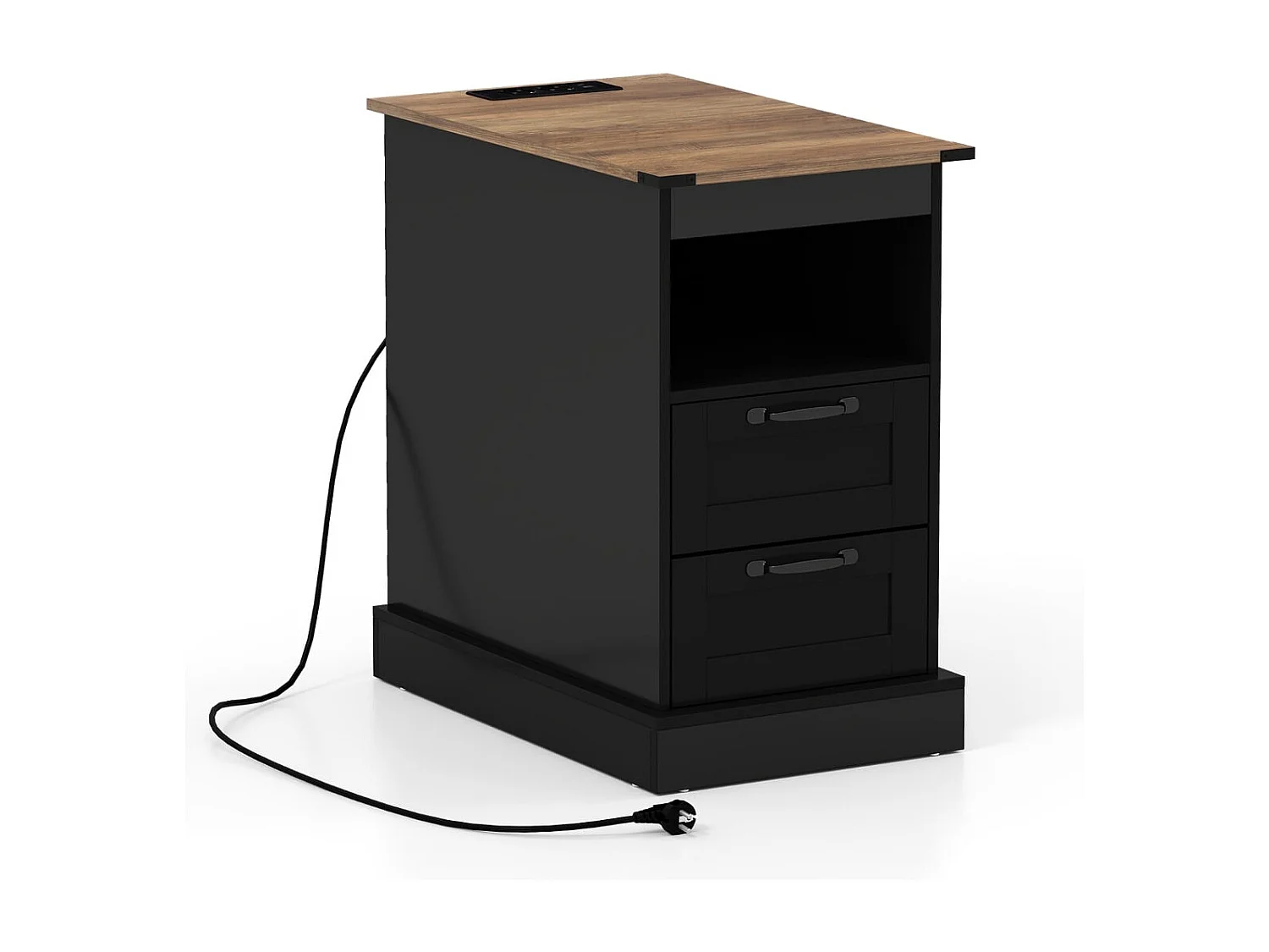 Nachttisch mit Ladestation schmaler Beistelltisch mit offenem Ablagefach & 2 Schubladen Schwarz