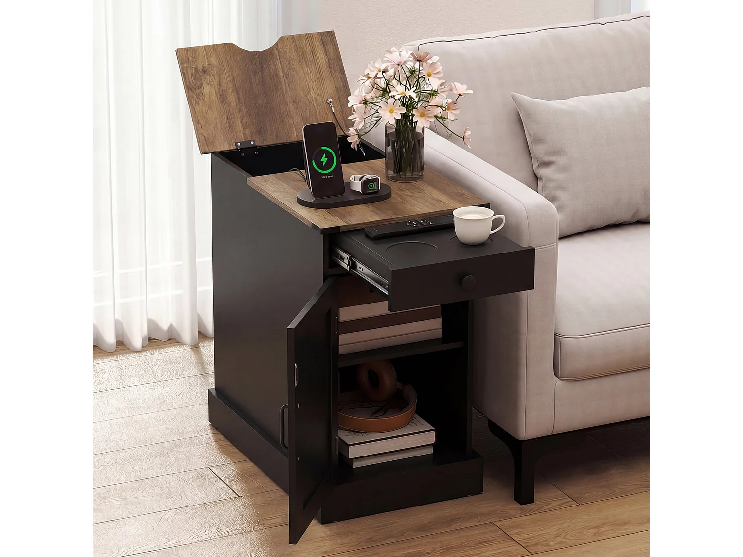 Beistelltisch Beistellschrank mit Ladestation Nachttisch mit klappbarer Tischplatte Schublade Schwarz
