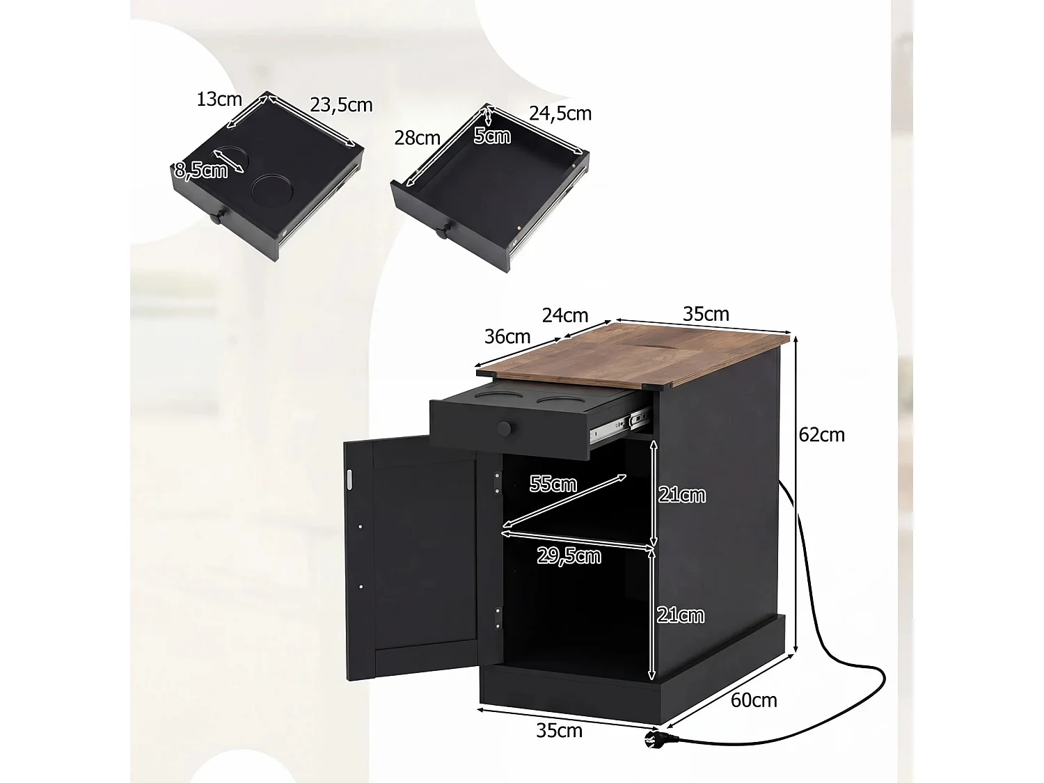 Sidebord Sideskab med ladestation Sengebord med sammenklappelig bordplade Skuffe Sort
