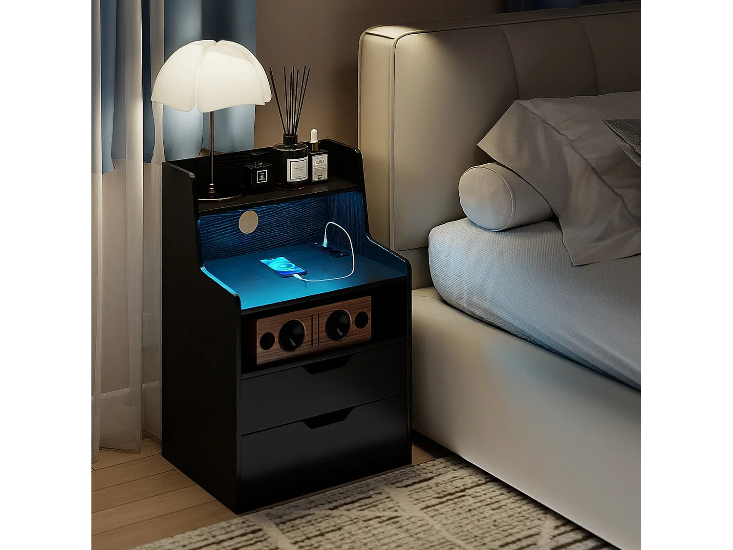 Nachttisch mit LED-Lichtern & Ladestation Beistelltisch mit 2 Schubladen & offenem Fach moderner Nachtschrank Schwarz