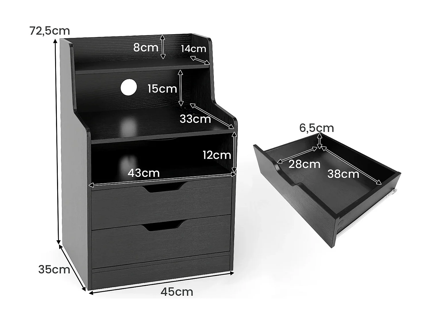 Nachttisch mit LED-Lichtern & Ladestation Beistelltisch mit 2 Schubladen & offenem Fach moderner Nachtschrank Schwarz