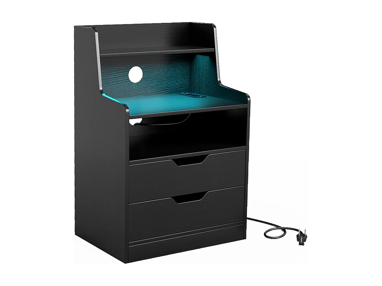 Nachttisch mit LED-Lichtern & Ladestation Beistelltisch mit 2 Schubladen & offenem Fach moderner Nachtschrank Schwarz