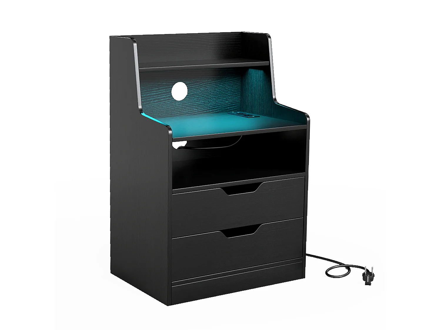 Sengebord med LED-belysning og opladningsstation Sort sengebord