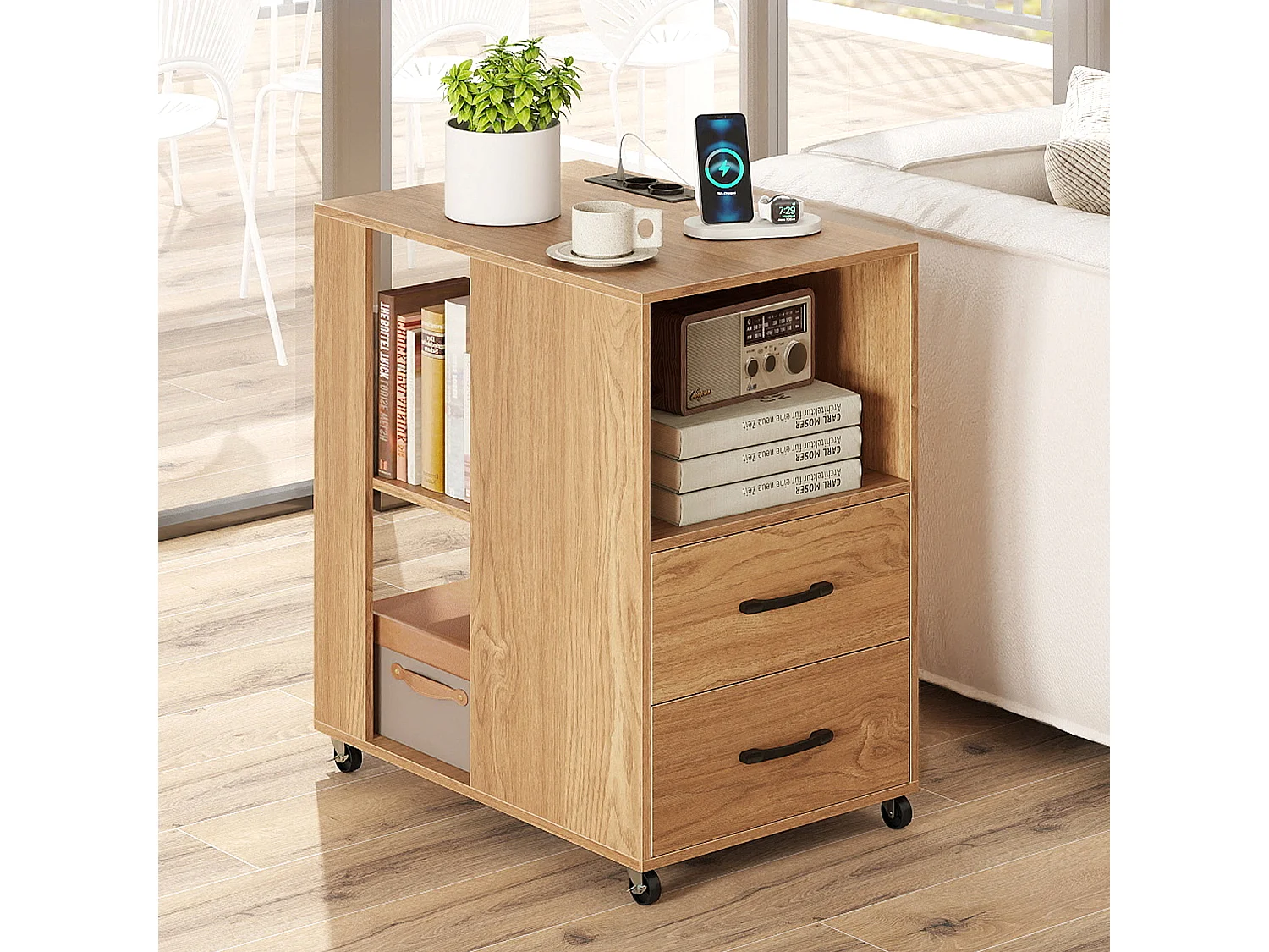 Beistelltisch mit Rollen rollbarer Nachttisch mit Schubladen & Regalen Nachttisch Natur