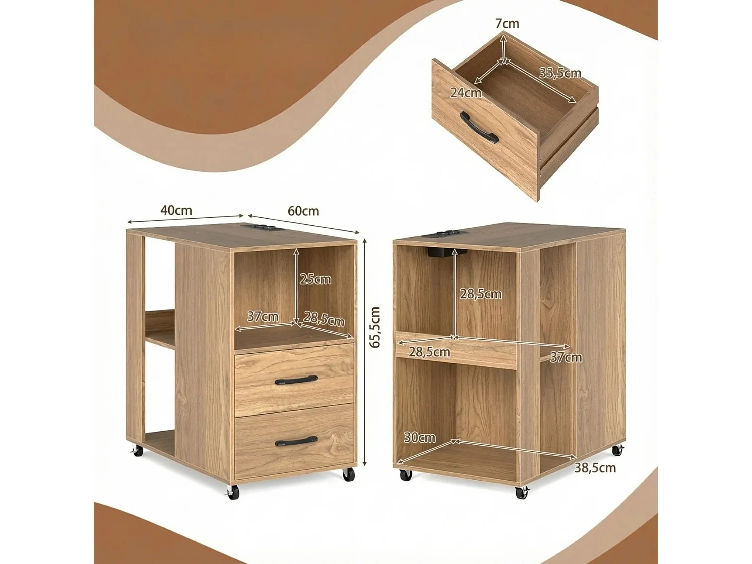 Beistelltisch mit Rollen rollbarer Nachttisch mit Schubladen & Regalen Nachttisch Natur