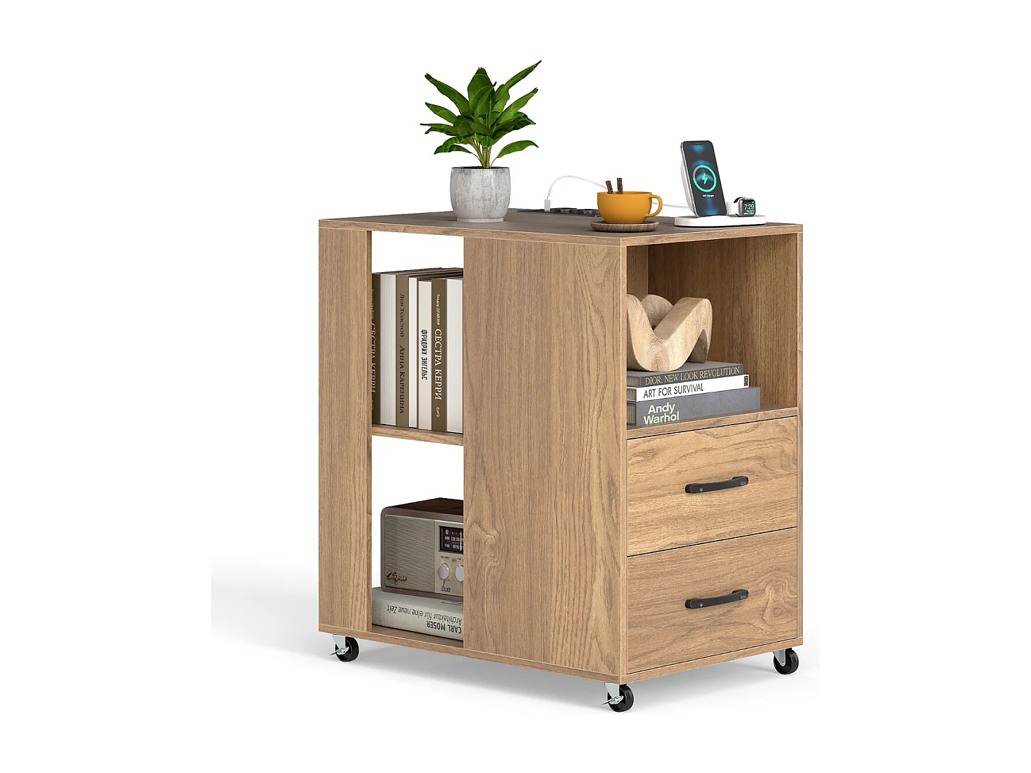 Beistelltisch mit Rollen rollbarer Nachttisch mit Schubladen & Regalen Nachttisch Natur