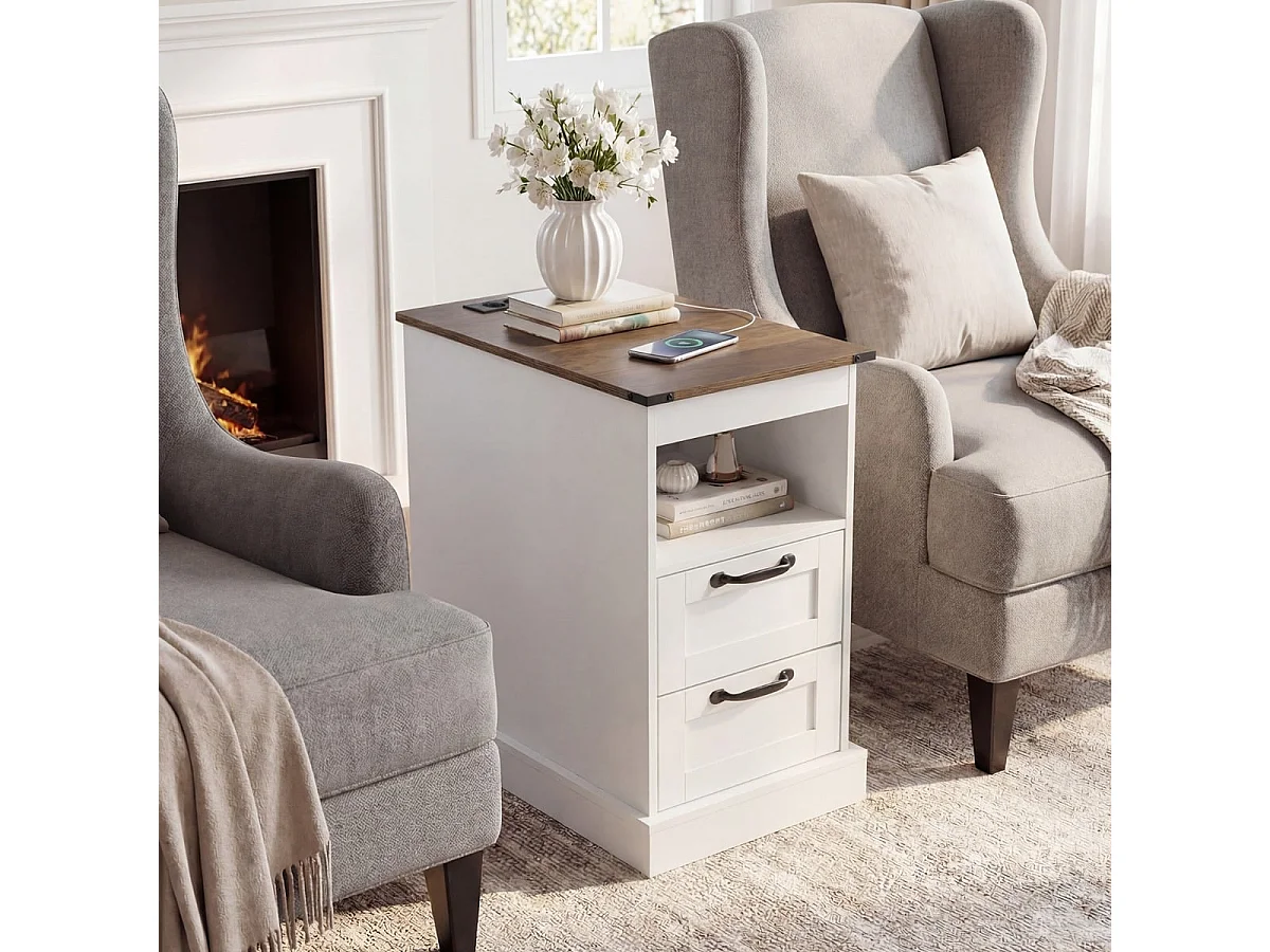 Comodino con stazione di ricarica Tavolino stretto con vano a giorno e 2 cassetti bianco