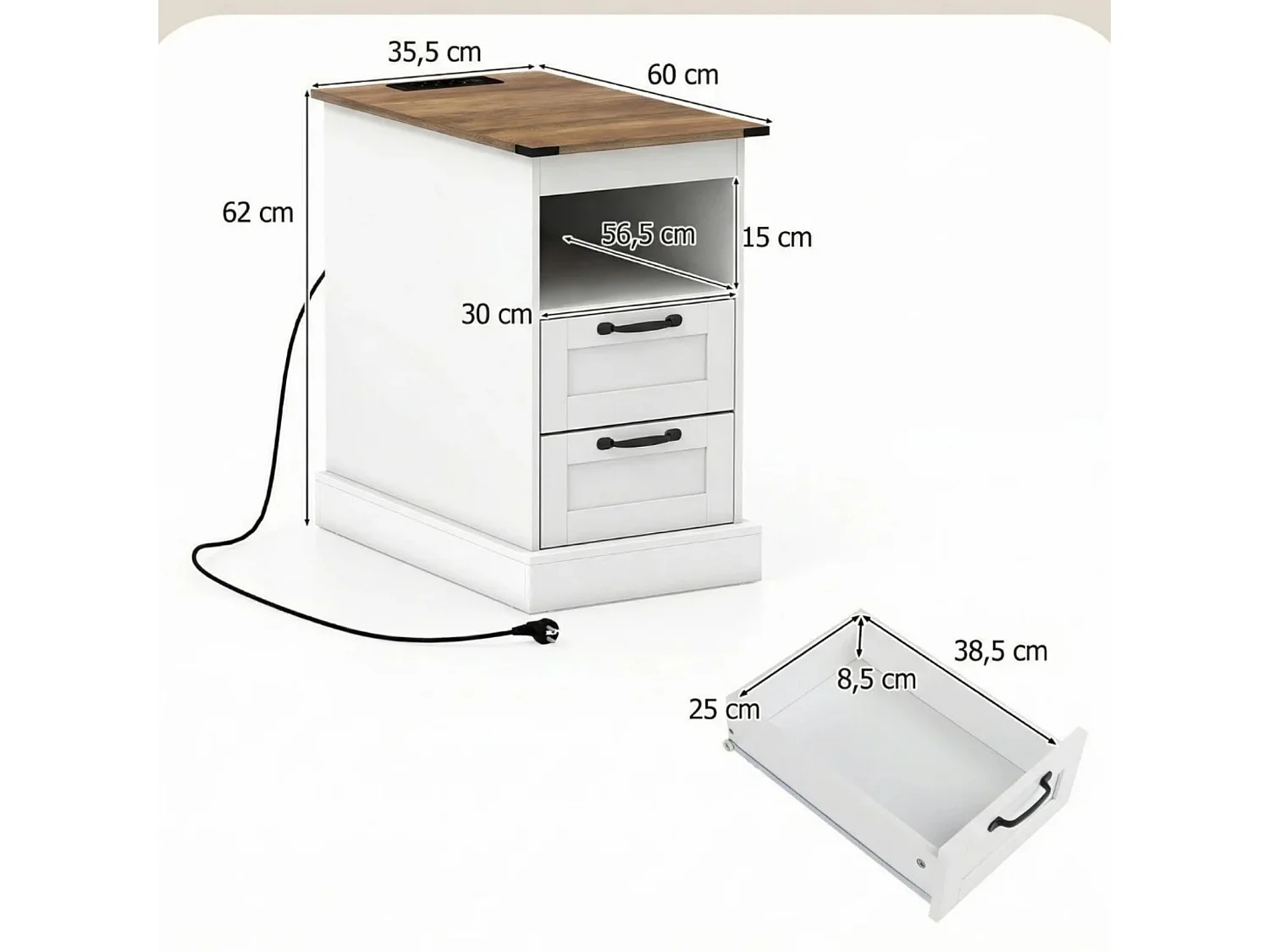 Comodino con stazione di ricarica Tavolino stretto con vano a giorno e 2 cassetti bianco