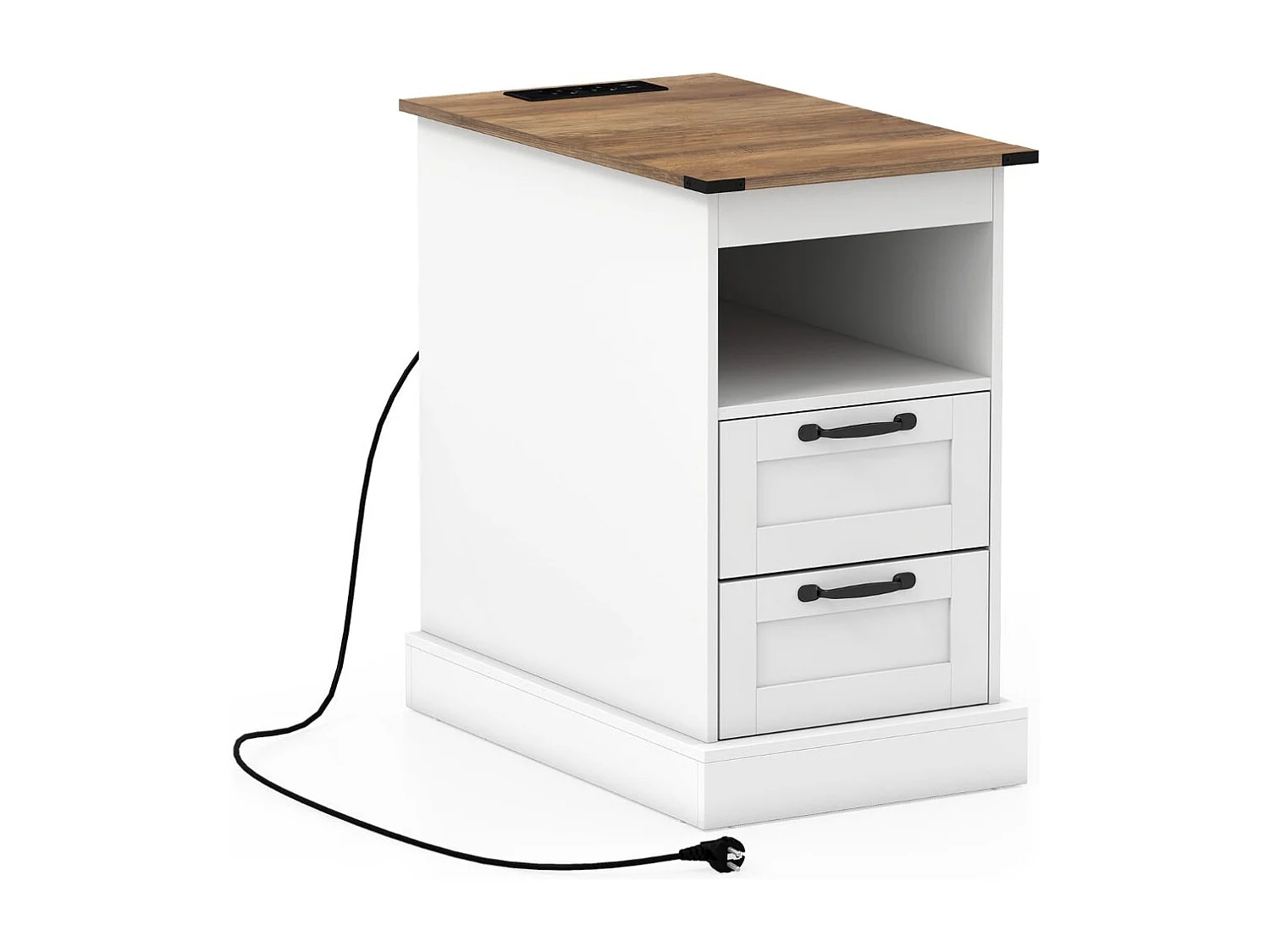 Comodino con stazione di ricarica Tavolino stretto con vano a giorno e 2 cassetti bianco