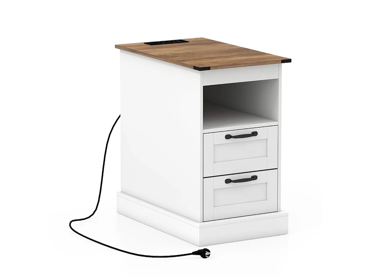 Table de Chevet avec Station de Charge table d'Appoint Étroite avec Étagère Ouverte et 2 Tiroirs Style Ferme pour Chambre Salon Blanc