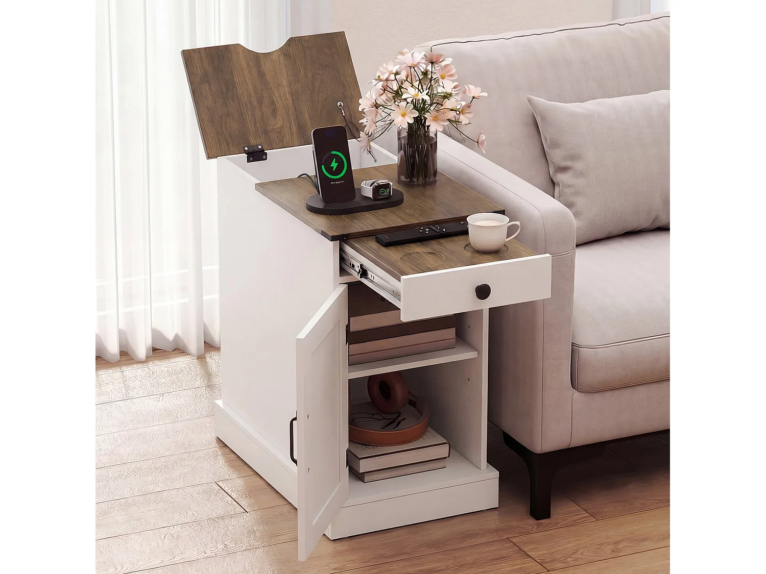 Beistelltisch Beistellschrank mit Ladestation Nachttisch mit klappbarer Tischplatte Schublade Weiß