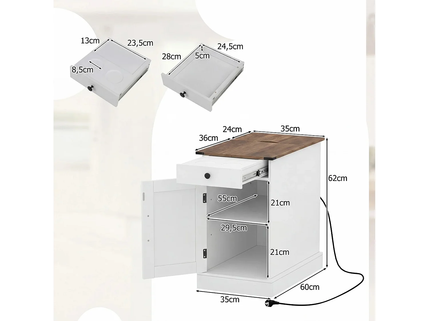 Beistelltisch Beistellschrank mit Ladestation Nachttisch mit klappbarer Tischplatte Schublade Weiß