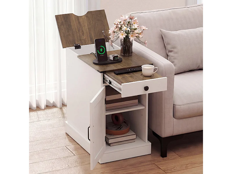 Beistelltisch Beistellschrank mit Ladestation Nachttisch mit klappbarer Tischplatte Schublade Weiß