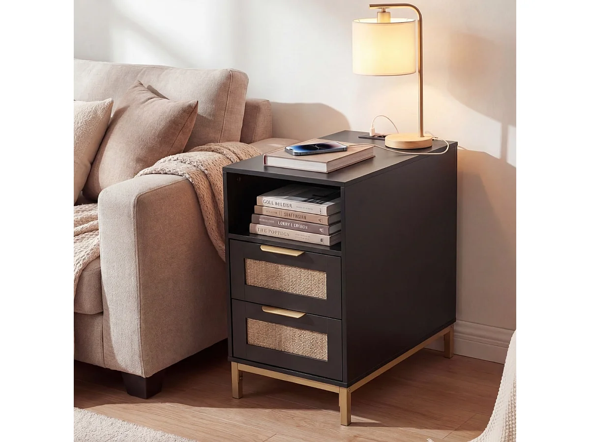 Beistelltisch mit Ladestation & 2 Schubladen Nachttisch aus Ratten & Holz Sofatisch Schwarz