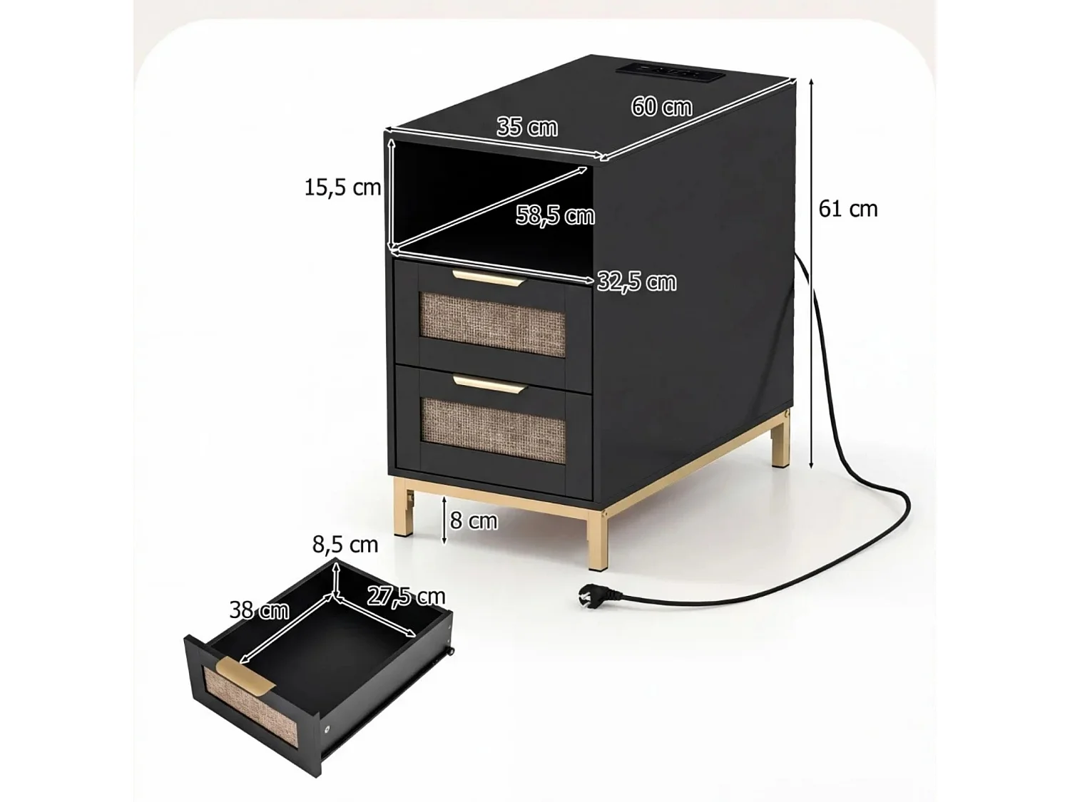 Beistelltisch mit Ladestation & 2 Schubladen Nachttisch aus Ratten & Holz Sofatisch Schwarz