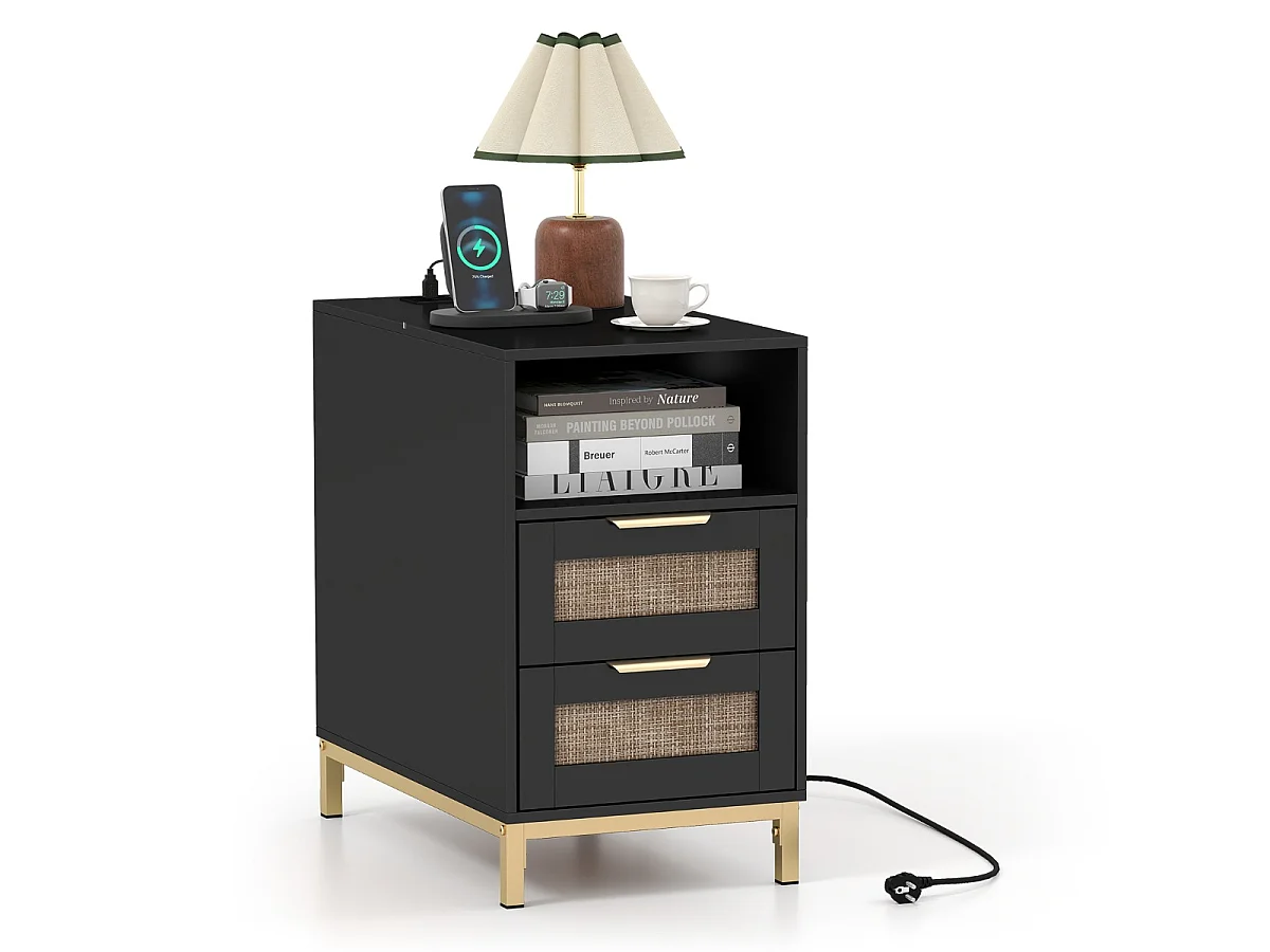 Sidebord med ladestation &amp; 2 skuffer Sengebord af rattan &amp; træ Sofabord sort