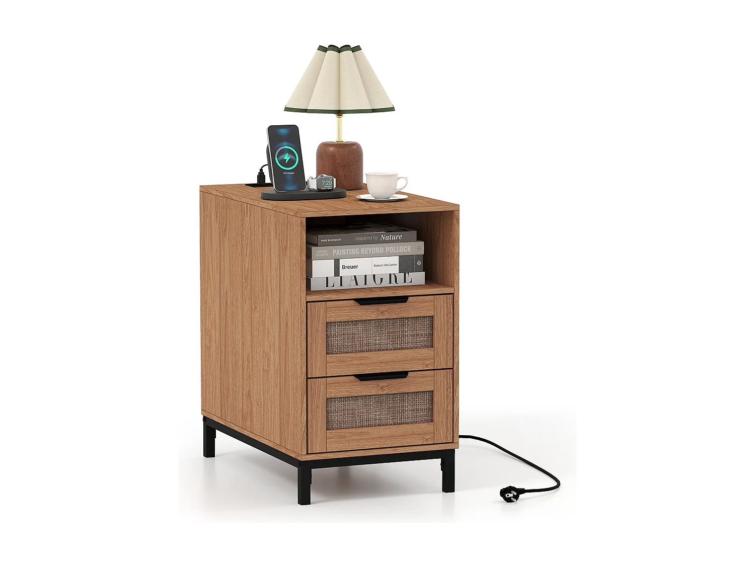 Beistelltisch mit Ladestation & 2 Schubladen Nachttisch aus Ratten & Holz Sofatisch Natur