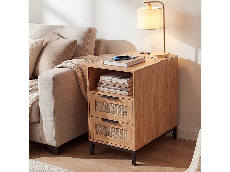 Beistelltisch mit Ladestation & 2 Schubladen Nachttisch aus Ratten & Holz Sofatisch Natur