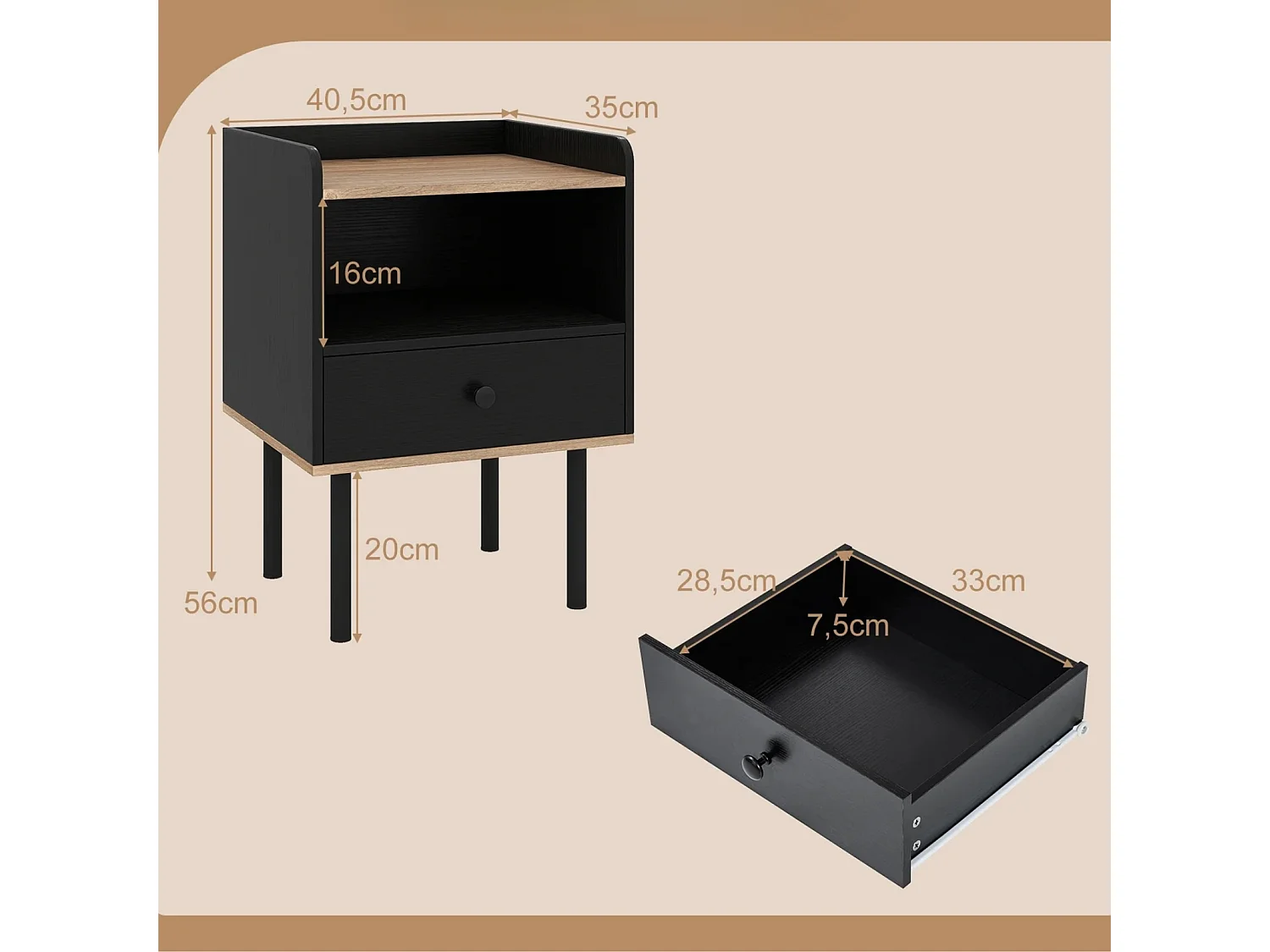 Nachttisch Nachttisch mit Schublade & offenem Ablagefach moderner Sofatisch mit Metallbeinen Schwarz