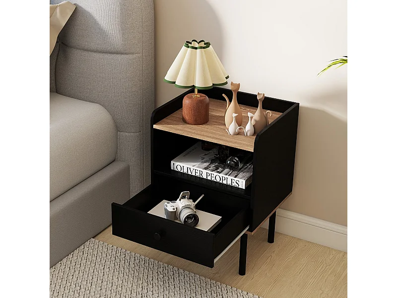 Nachttisch Nachttisch mit Schublade & offenem Ablagefach moderner Sofatisch mit Metallbeinen Schwarz