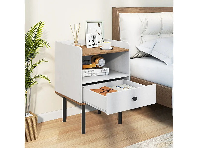 Nachttisch Nachttisch mit Schublade & offenem Ablagefach moderner Sofatisch mit Metallbeinen Weiß