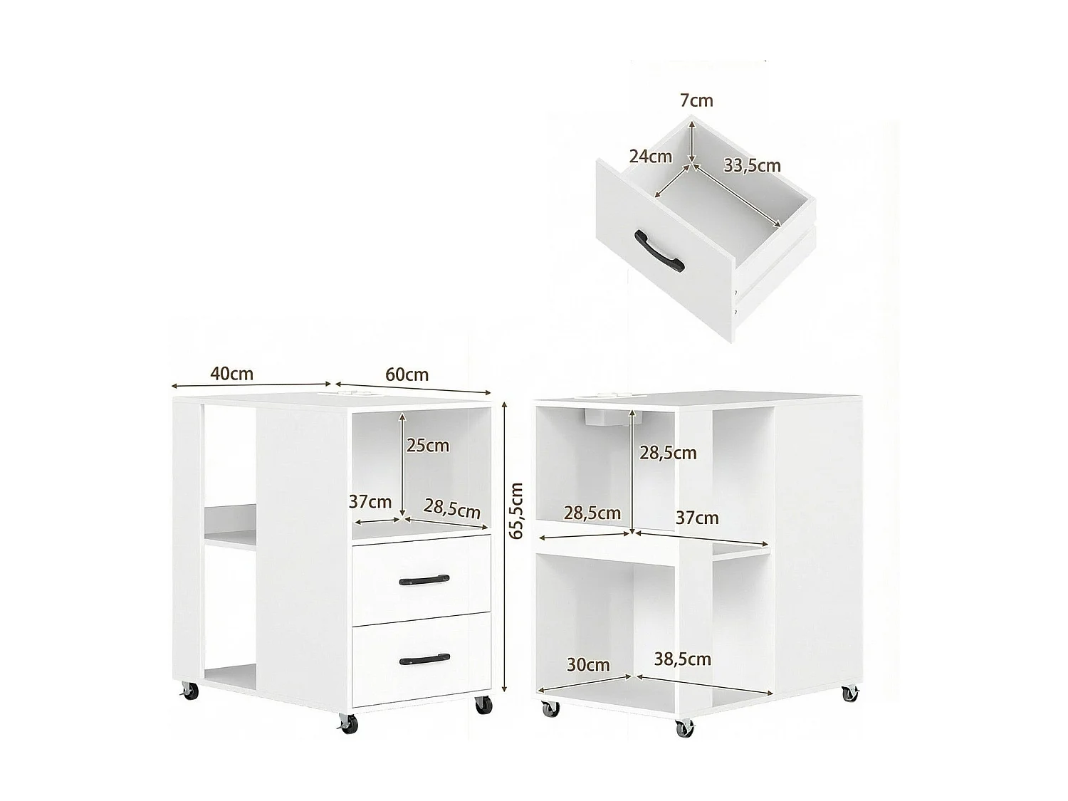 Beistelltisch mit Rollen rollbarer Nachttisch mit Schubladen & Regalen Nachttisch Weiß