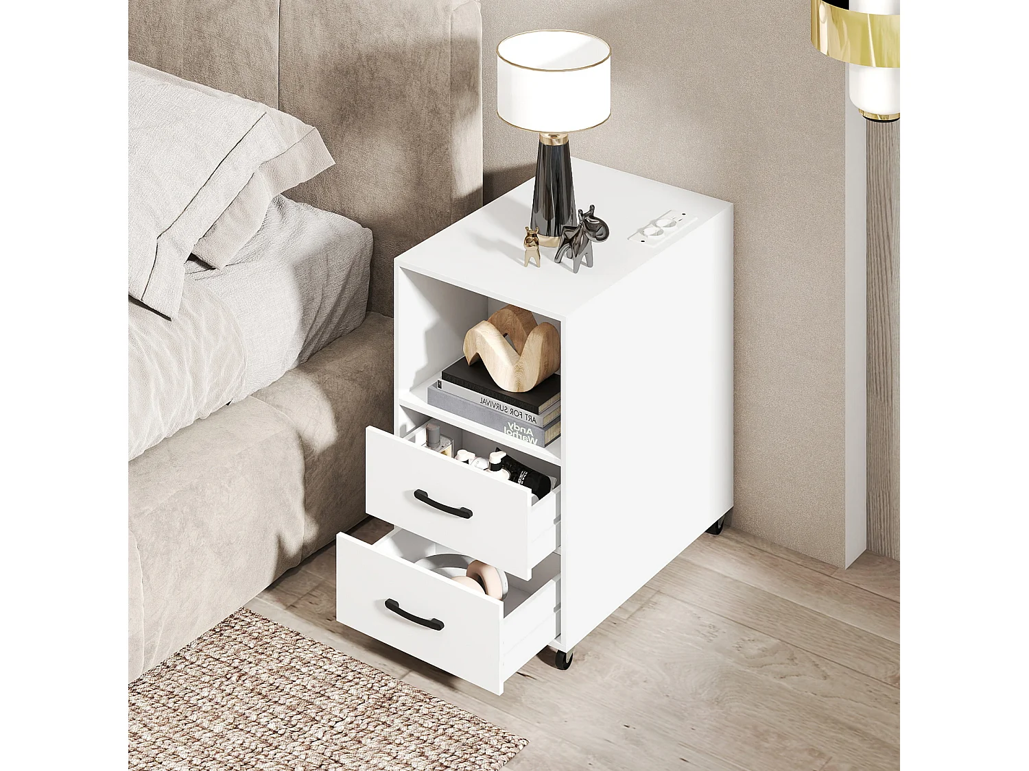 Beistelltisch mit Rollen rollbarer Nachttisch mit Schubladen & Regalen Nachttisch Weiß