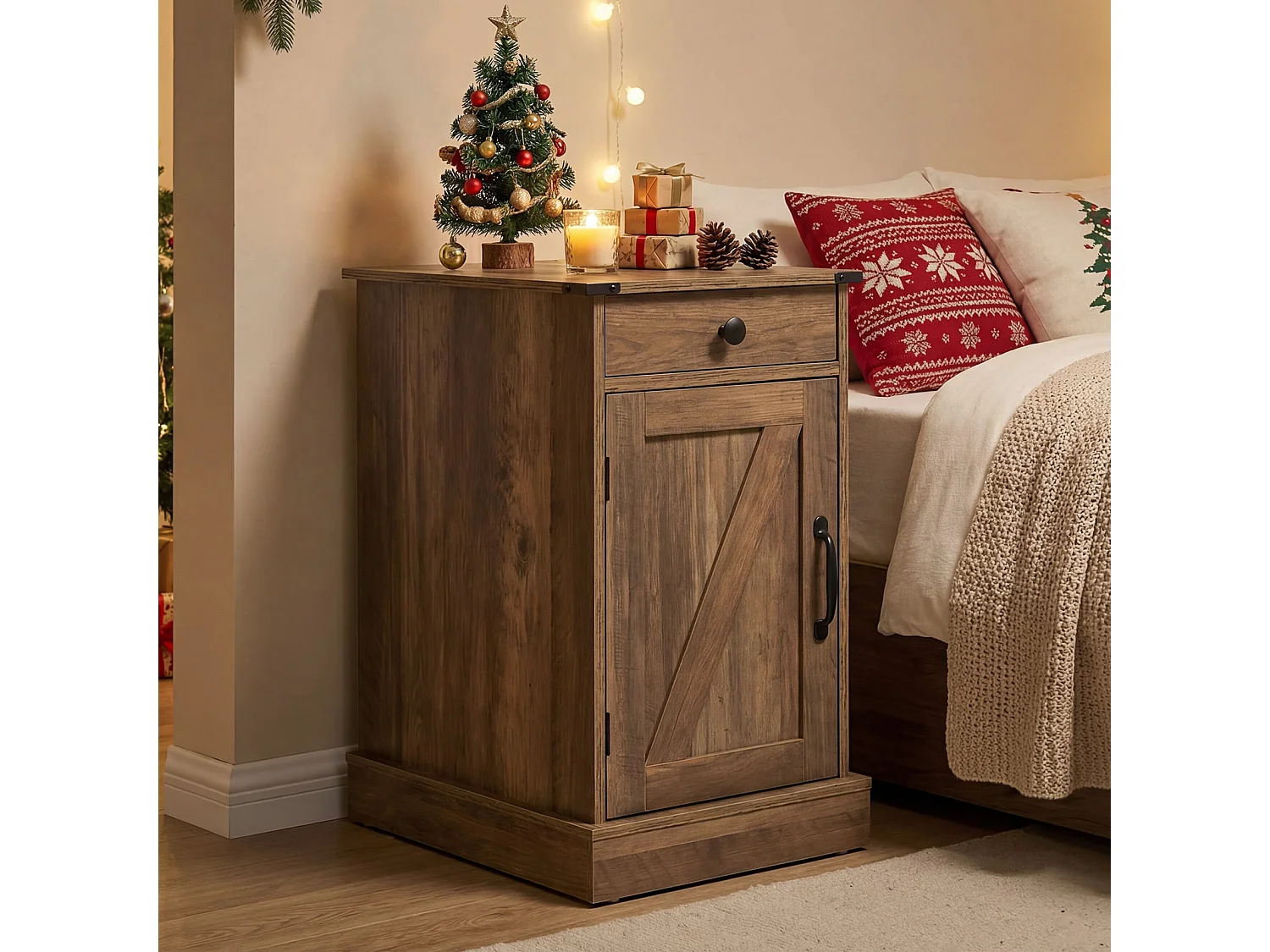 Beistelltisch Beistellschrank mit Ladestation Nachttisch mit klappbarer Tischplatte Schublade Rustikales Braun