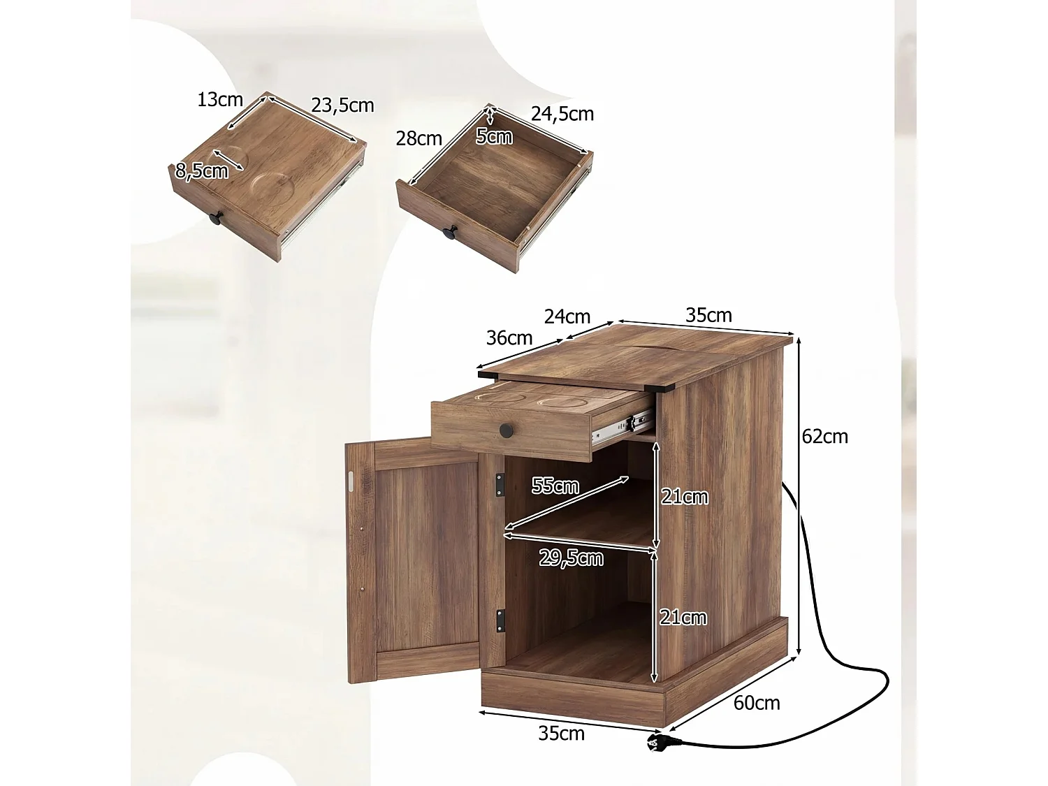 Beistelltisch Beistellschrank mit Ladestation Nachttisch mit klappbarer Tischplatte Schublade Rustikales Braun