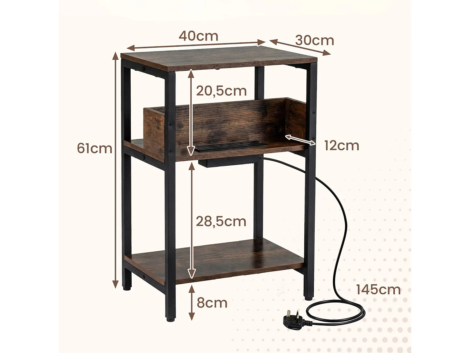 Beistelltisch mit Ladestation 3-stufiger Endtisch mit offenen Aufbewahrungsregalen Nachttisch Rustikal Braun