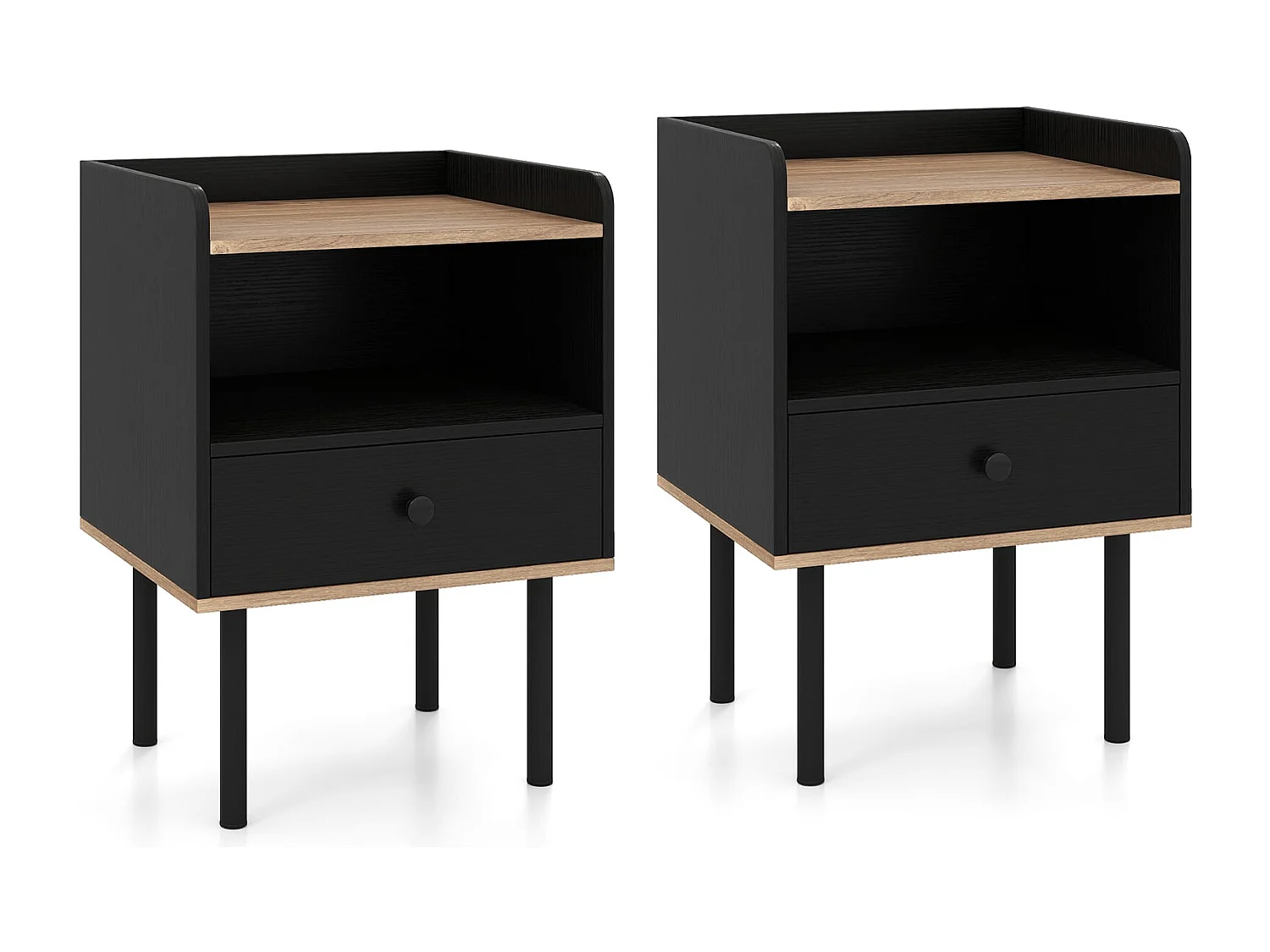 2er Set Nachttisch Nachttisch mit Schublade & offenem Ablagefach moderner Sofatisch mit Metallbeinen Schwarz