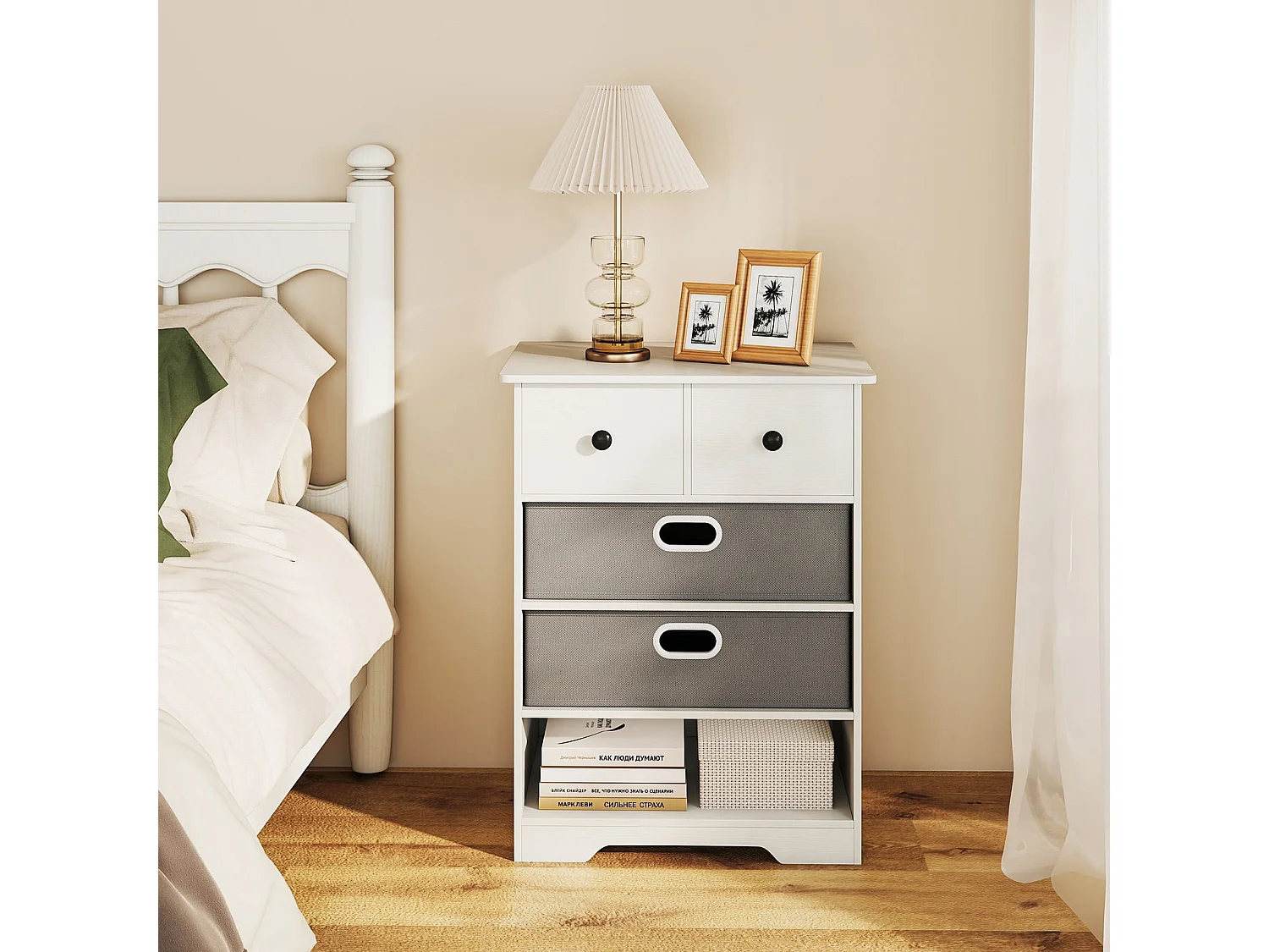 Kommode mit 4 Schubladen Kommodenschrank mit offenen Regalen Nachttisch Aufbewahrungskommode 58 x 42 x 75 cm Weiß