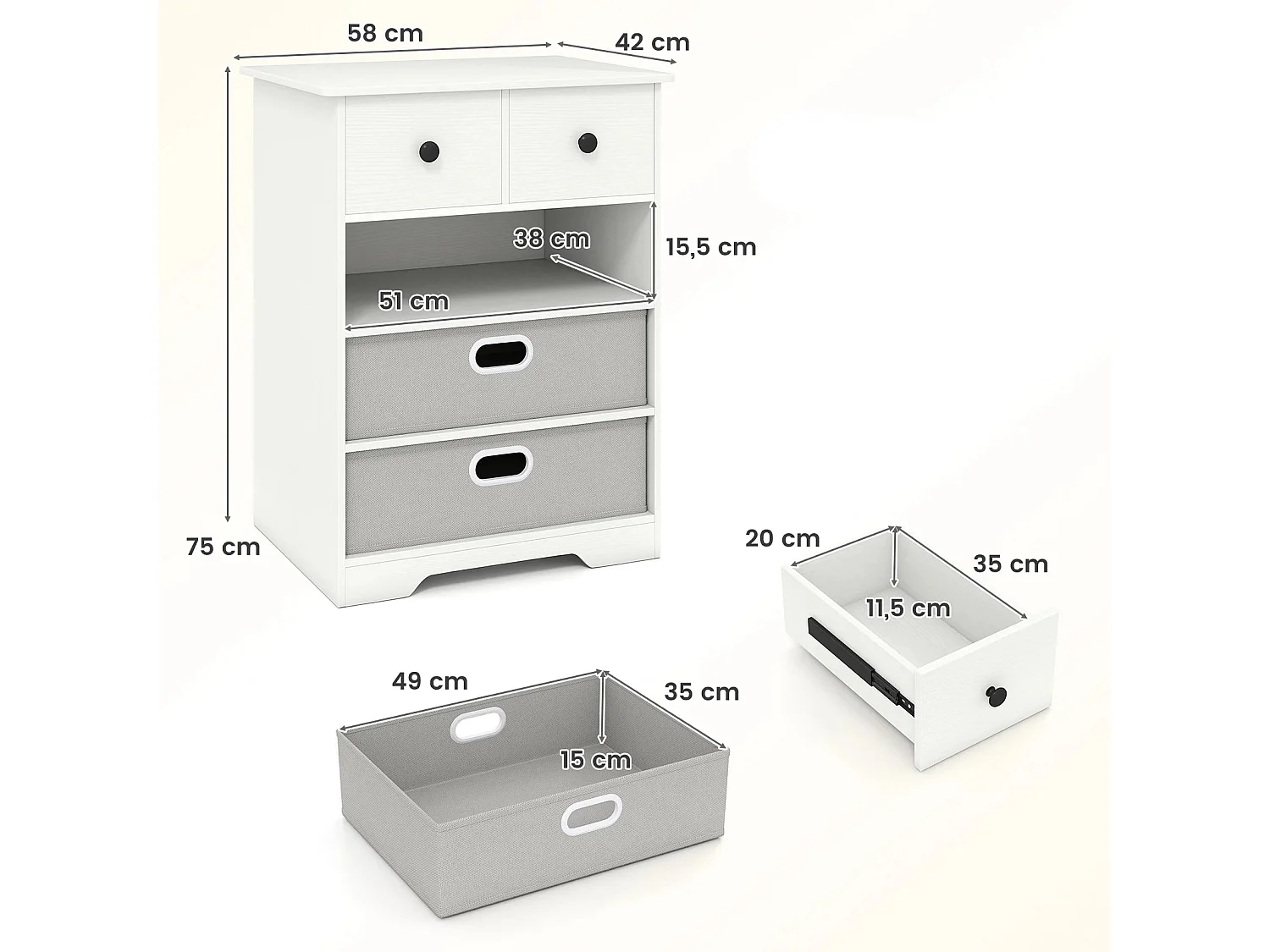 Kommode mit 4 Schubladen Kommodenschrank mit offenen Regalen Nachttisch Aufbewahrungskommode 58 x 42 x 75 cm Weiß