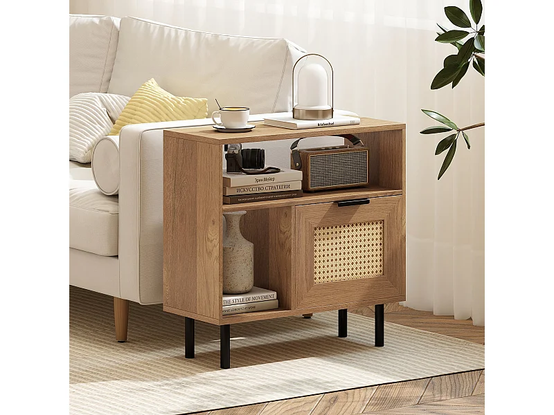 Boho Rattan Nachttisch Akzent-Beistelltisch mit Ablagefach Schrank & Metallbeinen Rustikaler Nachttisch Natur