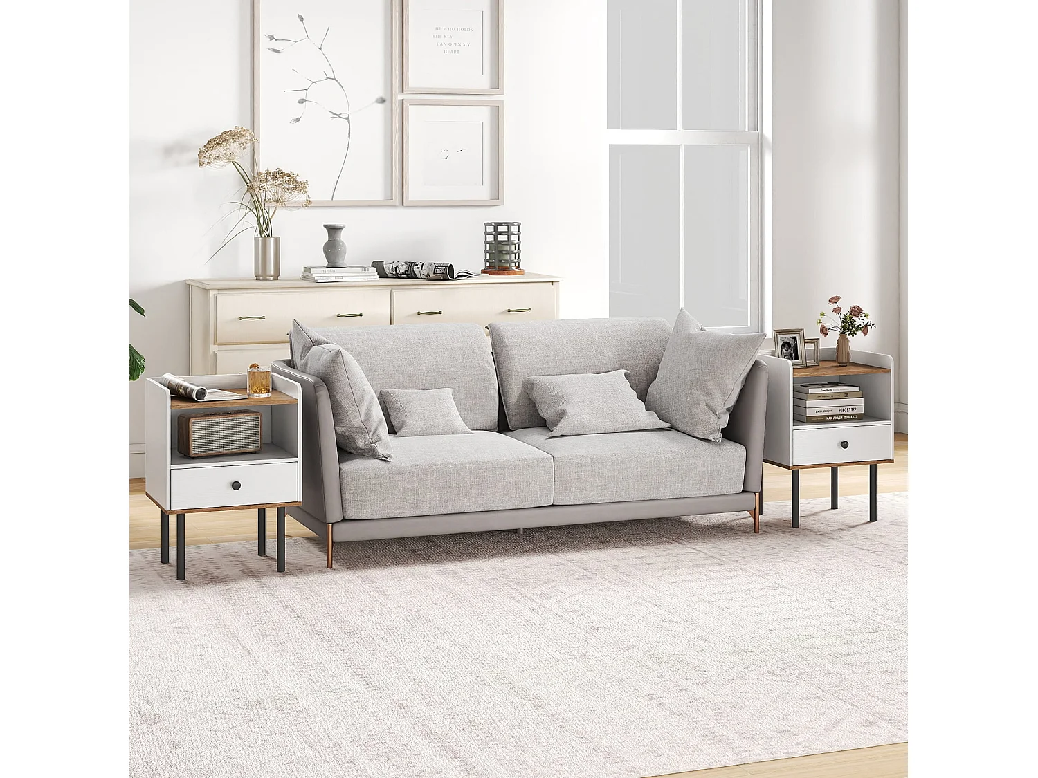 2er Set Nachttisch Nachttisch mit Schublade & offenem Ablagefach moderner Sofatisch mit Metallbeinen Weiß