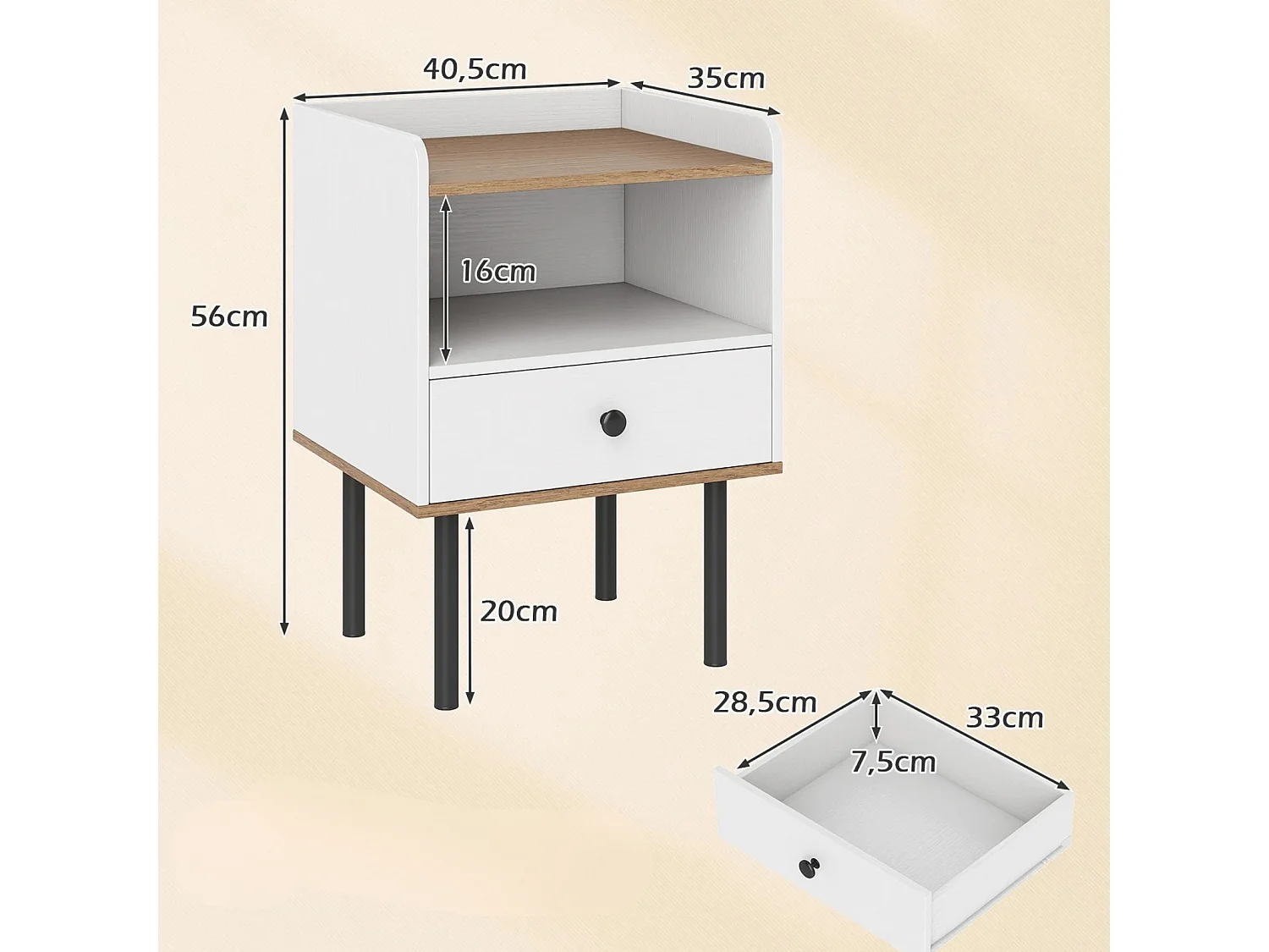 2er Set Nachttisch Nachttisch mit Schublade & offenem Ablagefach moderner Sofatisch mit Metallbeinen Weiß